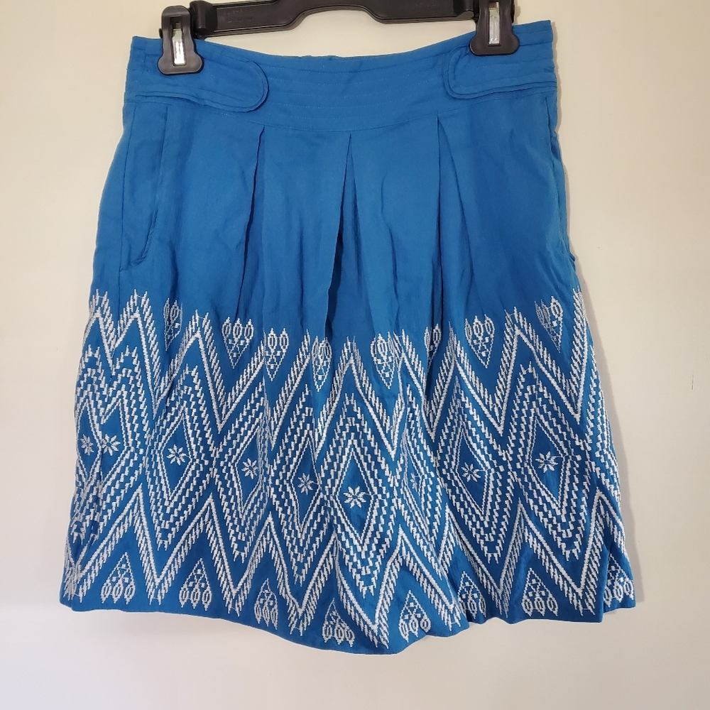 Floreat Embroidered Mini Skirt Blue White Lined Cotton Pleated Size 4 Preppy